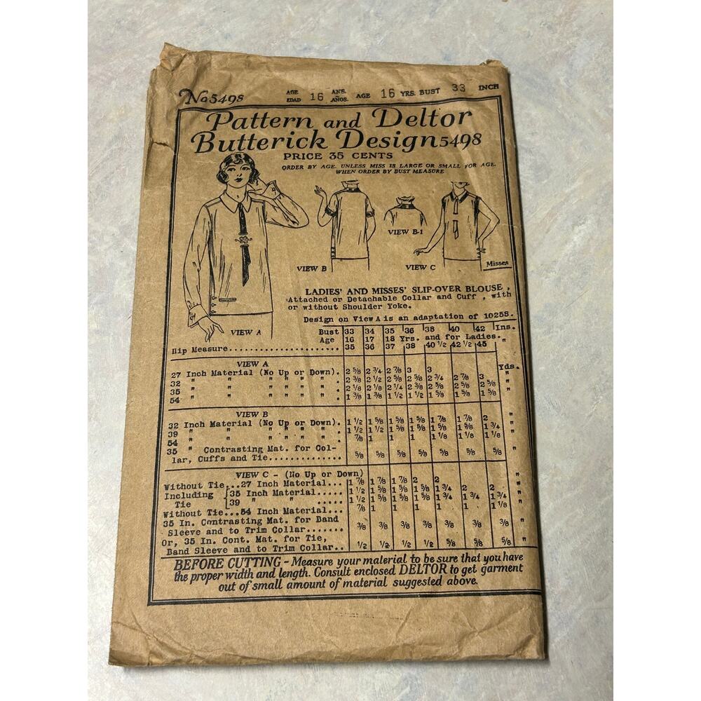 Vintage 20's Butterick Deltor Pattern #5498 Ladies and Misses‎ Slip Over Blouse